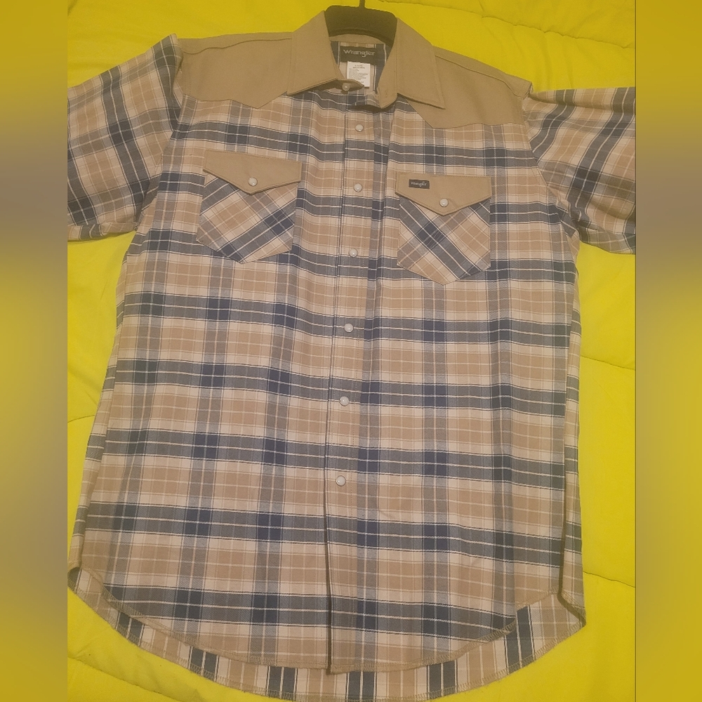 Wrangler Men's Tan & Blue Plaid Short-Sleeve Western Shirt